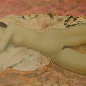 « Femme allongée » - Rose orangé, Alain Bonnefoit, Poster lithographie original, 1983, France.