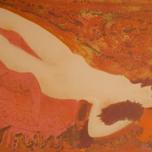 « Femme allongée » - Rouge orangée, Alain Bonnefoit, Poster lithographie original, 1975, France.