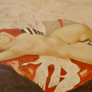 « Femme allongée » - blanc, orange et noire, Alain Bonnefoit, Poster lithographie original, 1987, France.