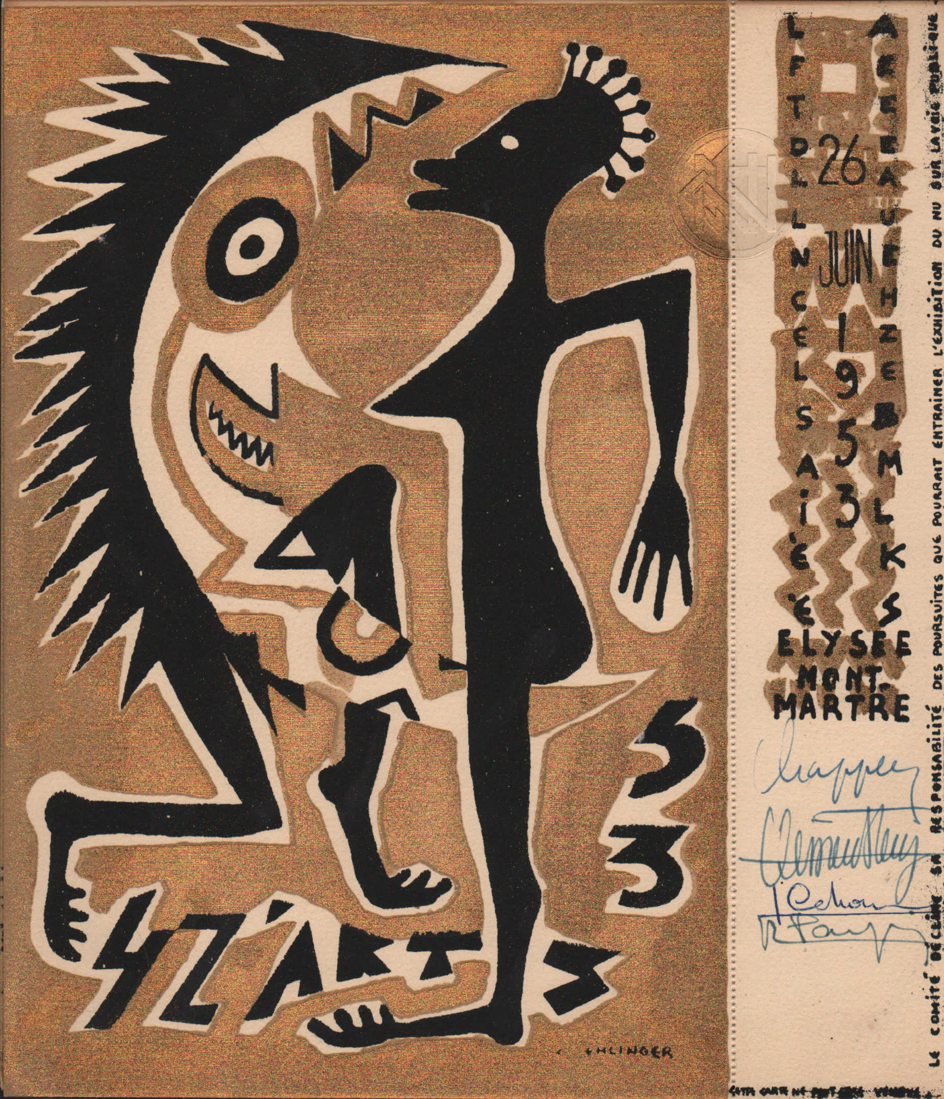 «Bal des 4 Z’arts- invitations lithographiées» 1953, signée