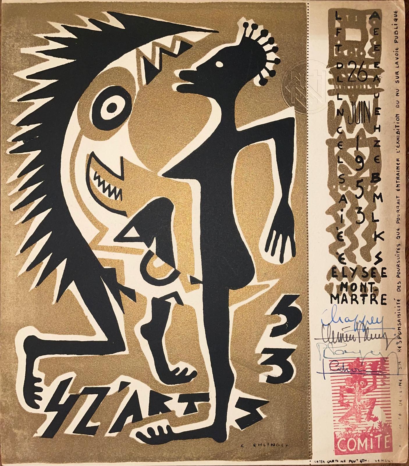«Bal des 4 Z’arts- invitations lithographiées» 1953, signée et tamponnée par le comité